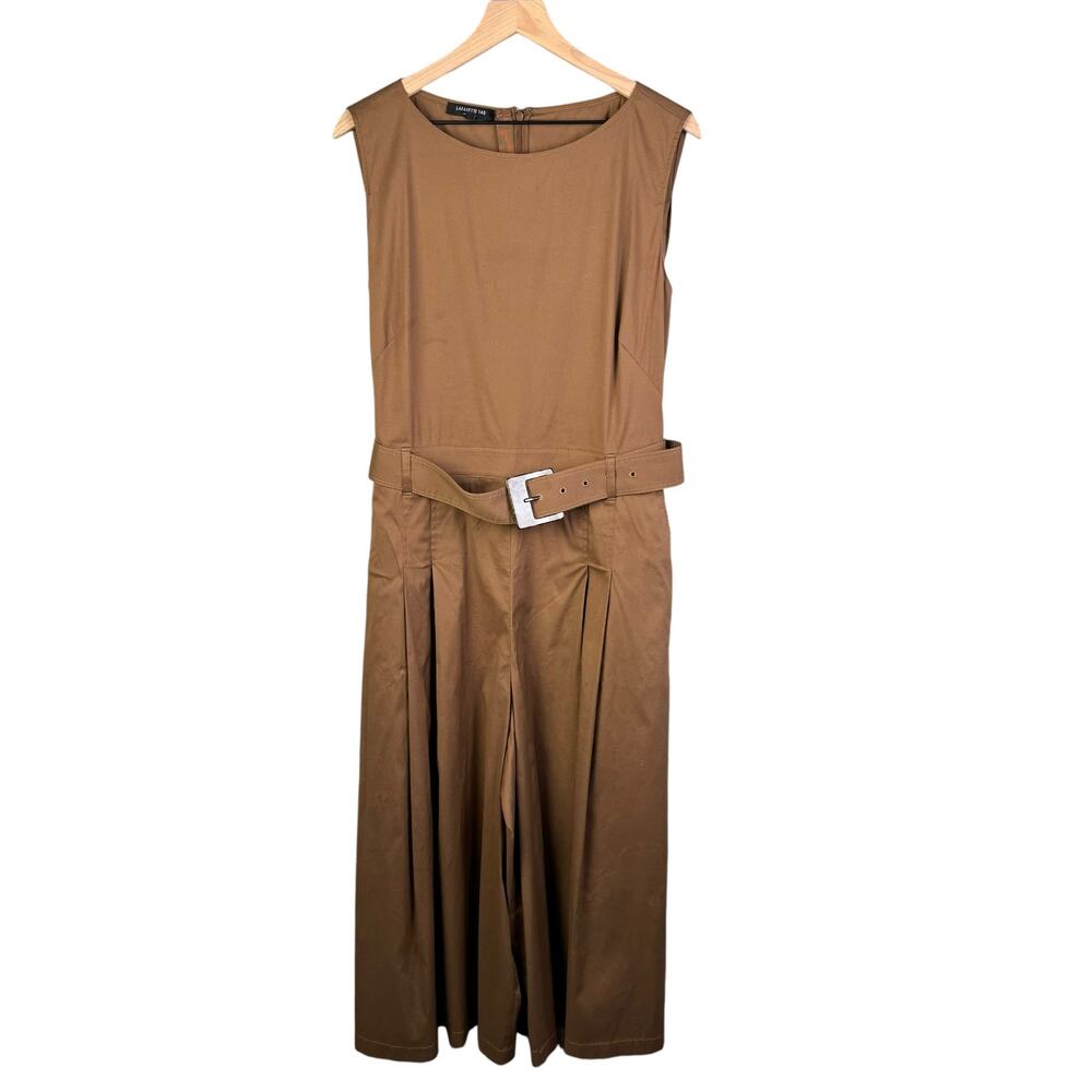 Lafayette 148 Aurthur Sleeveless Belted Stretch Cotton Jumpsuit Acorn Wide Leg - Picture 2 of 13